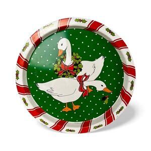 Vtg 80s Christmas Goose Tin Tray Green Holly Ribbon Farmhouse Cottagecore kitsch